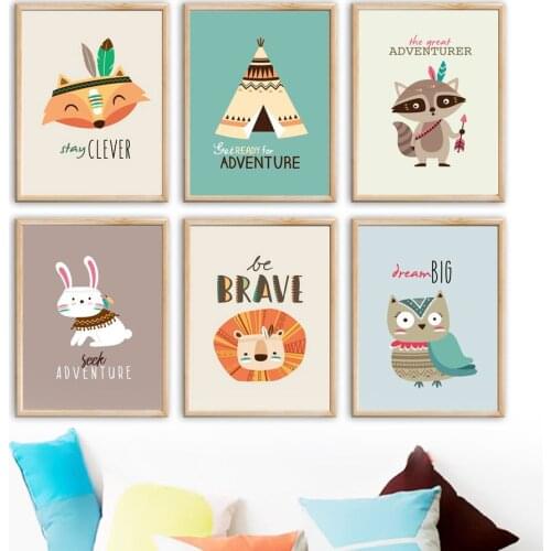 Fox Raccoon Rabbit Lion Owl Tent Feather Arrow Wall Art Canvas Painting Nordic Posters And Prints Wall Pictures Kids Room Decor