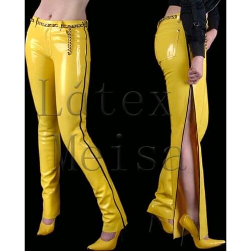 Latex Meisa straight pants womens latex trousers with side zip decorations no belt in yellow color