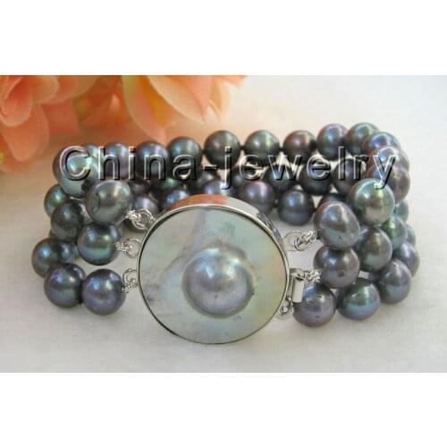 Selling Jewelry>>>3row 8" 9-10mm natural black round freshwater pearl bracelet-mabe pearl