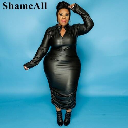 Plus Size Stretchy Skinny Long Sleeve Midi Bandage Night Club Dress 4XL Turtle Neck Black Pu Leather Dresses Sexy Women Party