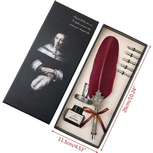 Retro Classical Feather Quill Dip English Calligraphy Fountain Pen with Writing Ink 5 Nibs Kit Set Stationery Gift Box