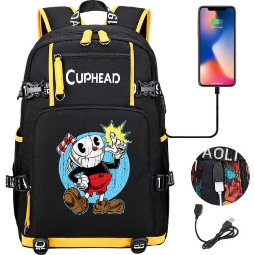 Cuphead Game Mugman Backpack Girls Boys Schoolbag Large Capacity Laptop Bag Waterproof Multifunction USB Charging Backpack