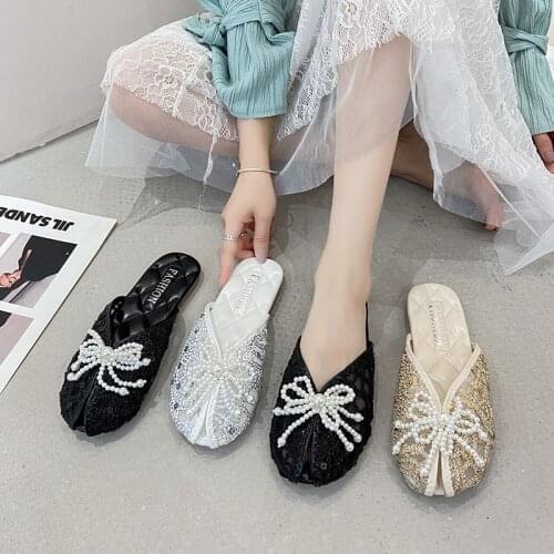 Women Summer Shoes Closed Toe Bow Pearl Slippers Flats Sandals Womens Outdoor Half Slipper Shoes Female Slip on Casual Shoes W