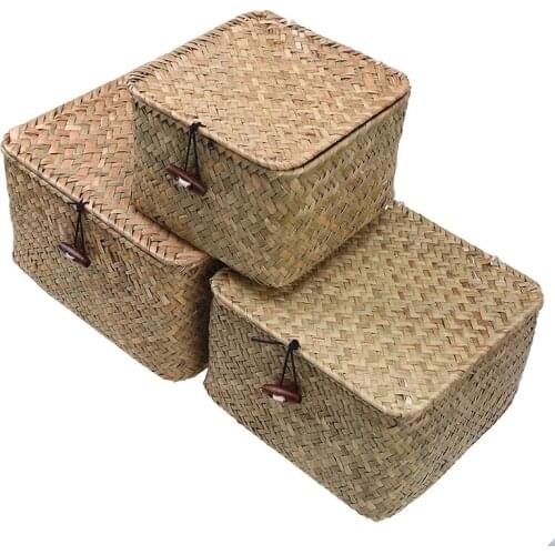 Seagrass Hand-Woven Storage Box With Lid Jewelry Makeup Organizer Food Container Desktop Organize Clothes Storage Boxes Bins