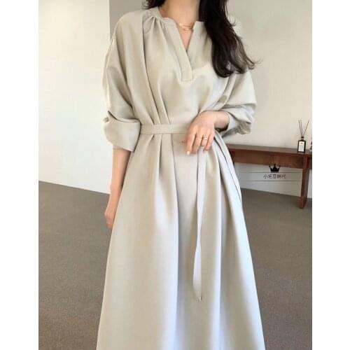 South Korea dongdamen 2021 spring new womens solid color V-neck belt loose dress opc33
