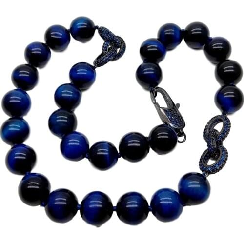 YYGEM 20'' 14mm Round Blue Tiger Eye Cz micro pave Ring Chain Connector Necklace casual style for women grânulos colares homens