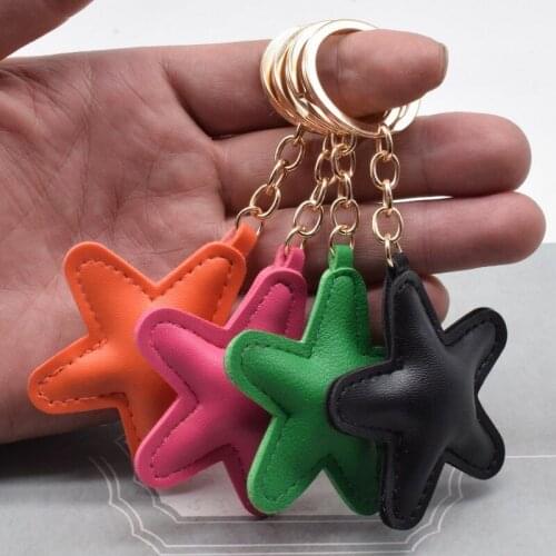 Women Leather Star Keychain New Leather Candy Five-pointed Star Key Chain with Leaf Charm Bag Pendant Key Ring Party Girl Gift