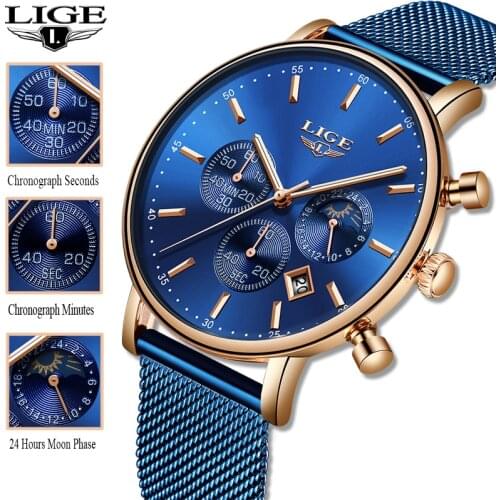 LIGE 2019 Women Fashion Blue Quartz Watch Lady Mesh Watchband High Quality Casual Waterproof Wrist Watch Women Watch Reloj Mujer