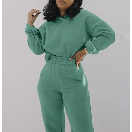 Womens Fleece Hooded Hoodies Trousers Two Pieces Sets Long Sleeve Tracksuits Loose Pants Streetwear 2021 Winter Autumn New