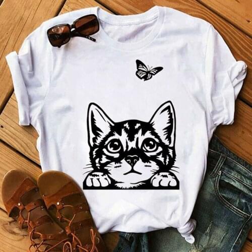 Cute Cat Butterfly Pattern Womens Top Fun Cat Print Womens T-shirt Summer Fashion Womens T-shirt