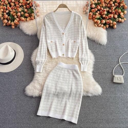 Small Fragrance Houndstooth Knitted Two Piece Set Women Sweater Cardigan Crop Top + Skirts Sets Fashion Casual 2 Piece Suits
