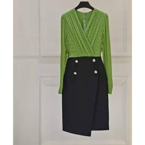 Luxury Dress 2021 Autumn Winter Party Celebrity Inspired Women V-Neck Golden Print Beading Deco Long Sleeve Midi Green Dress XXL