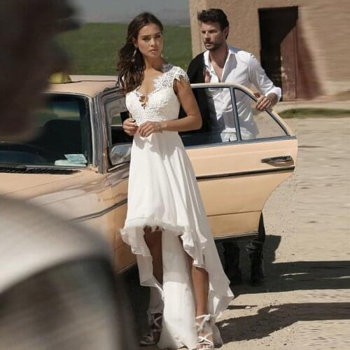 2021 Chiffon High-Low Wedding Dress V Neck Cap Sleeves Boho Illusion Back Short Bridal Gowns Vestidos De Novia Robe De Mariee