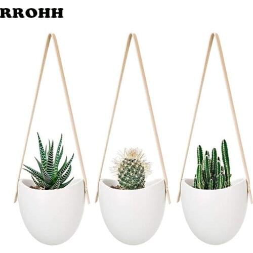 3Pcs Hanging Plant Potted Wall Plant Pot Home Wall Decoration Nordic Green Flower Pot White Ceramic Lifting Rope Hanging Flower