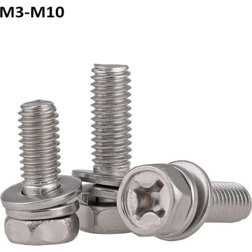304 Stainless Steel Cross Head External Hex Three Combination Screw Six Angle Combined Bolt M3 M4 M5 M6 M8 M10