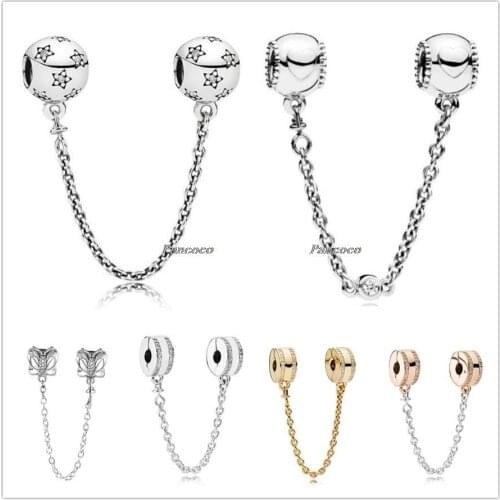 Authentic 925 Sterling Silver Rose Gold Insignia With Crystal Safety Chain Clip Bead Fit Pandora Bracelet & Necklace Jewelry