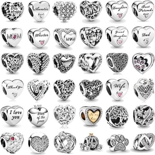 Paylor Heart Shape Silver Color Sisiter Family Mum Mom of my Heart Charms DIY Beads Fit Original Pandora Charm Bracelet Jewelry