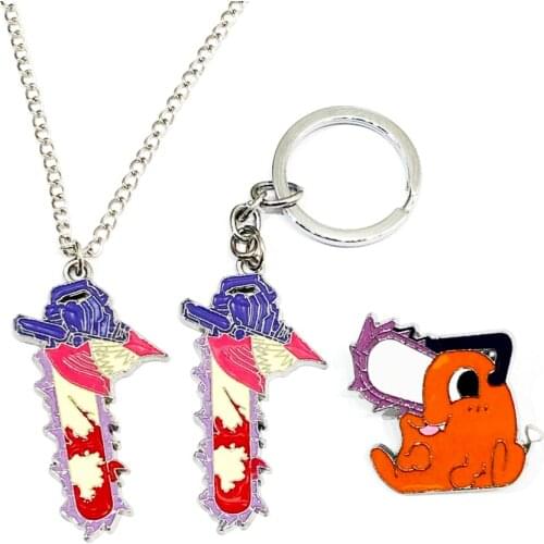 New Anime Chainsaw Man Denji Pochita Metal figure pendant Necklace Key chain key ring Brooch Pins toys Fashion jewelry Gift