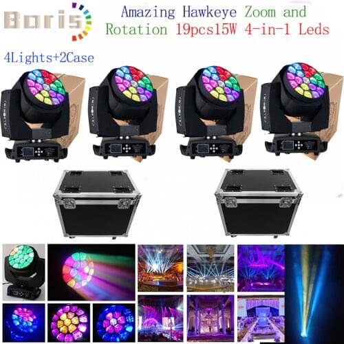 No tax 2x Flight case 4x 19pcs15w 4 IN 1 RGBW led moving head big bee eye zoom wash stage lighting with rotation effect