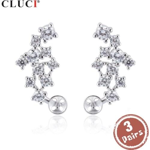 CLUCI 3 pair Women 925 Sterling Silver Stud Earring for Party Symmetic Geometric Zircon Pearl Earring Mounting Jewelry SE131SB