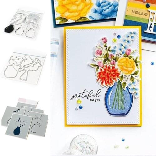 Floral Vase Metal Cutting Dies and Silicone Stamps Stencil for Scrapbooking Album Decoration Craft for DIY Greeting Card Making
