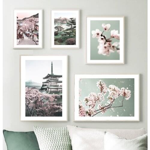 Cherry Blossoms Flower Chureito Pagoda Tokyo Street Nordic Poster Wall Art Print Canvas Painting Decor Pictures For Living Room