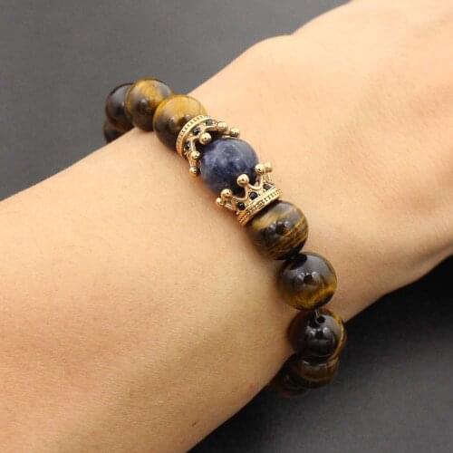 Natural Stone 10mm Bead Stretch Bracelet Stainless Steel Rose Gold Crowns Stone Eagle Tiger Eye Bead Bracelet for Men Women