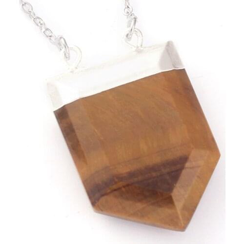 FYJS Unique Silver Plated Pentagon Shield Natural Tiger Eye Stone Pendant Link Chain Necklace for Men Jewelry