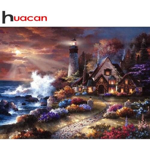 Huacan Full Square/Round Drill Diamond Painting Kit Seaside Lighthouse 5D DIY Diamond Mosaic Landscape Home Decor Gift