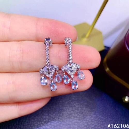 Fine Jewelry 925 Pure Silver Chinese Style Natural Aquamarine Girl Luxury Trendy Fresh Gemstone Earrings Eardrop Support Detecti