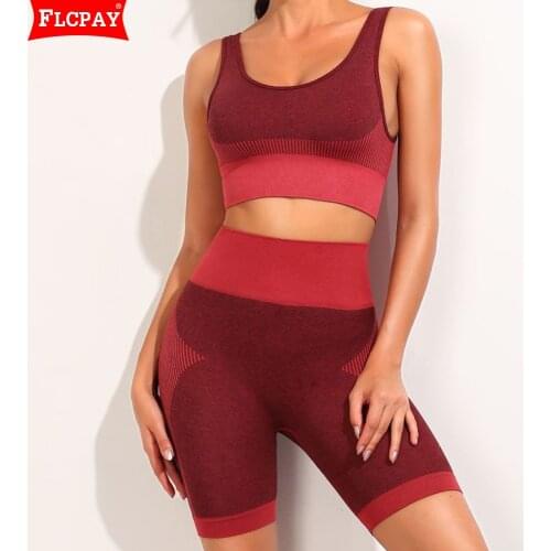 Womens Workout Outfit 2 Pieces Seamless Yoga High Waist Pants Suit Sports Tracksuit Shorts Leggings Sports Bra Gym Clothes Set