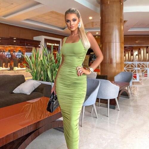 Vamos Todos 2021 Summer Sexy Long Party Dress Shirring Sleeveless Slim Elegant Women Dresses Crop Tank Top Club Fashion Vestidos
