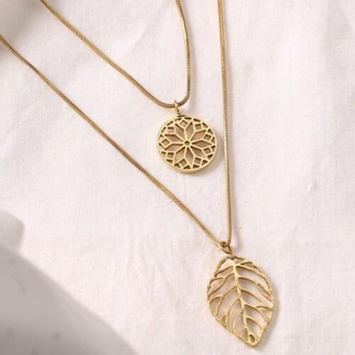 Multi-layer stainless steel necklace. Leaf dream catcher mandala design necklace. Stackable necklace Bohemian necklace