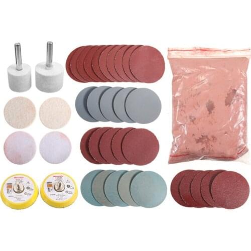 39Pcs/Set Car Glass Scratch Removal Polishing Cleaning Set 230g Powder + 30x 2-inch Sandpaper + 4x Wool Felts + 2x Wool Wheels