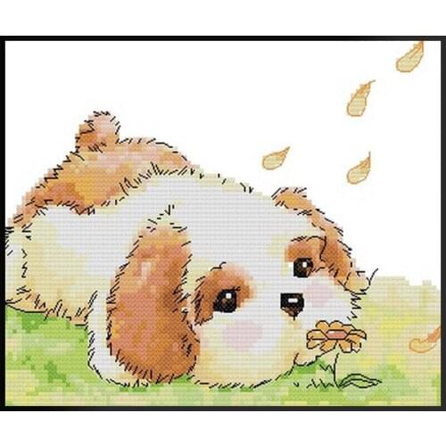 Patterns Counted Printed Fabric Cross-stitch Kit Cartoon Animal Dog Handmade Embroidery for Home Bedroom Decor DA078
