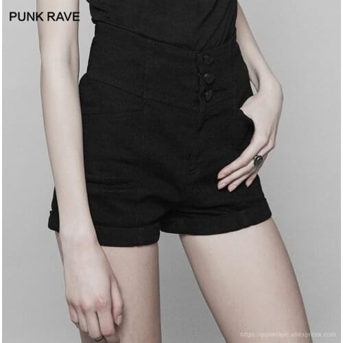PUNK RAVE New Gothic Womens Tight-fit High-waist Black Denim Punk Style Back Cross Hollow Fashion Sexy Handsome Women Shorts