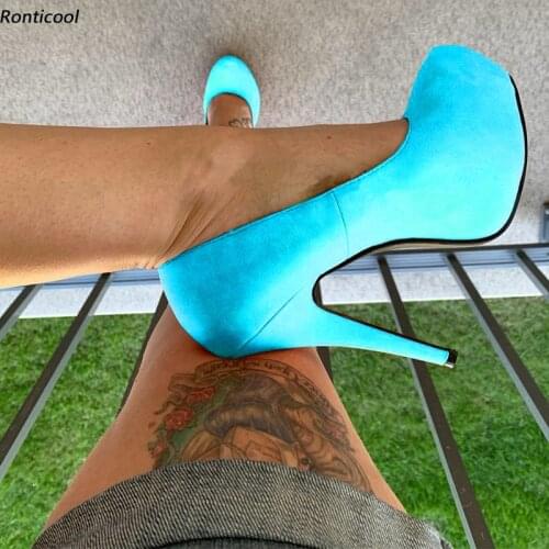 Ronticool New Arrival Women Platform Pumps Faux Suede Sexy Stiletto Heels Round Toe Gorgeous Pink Dress Shoes US Plus Size 5-20