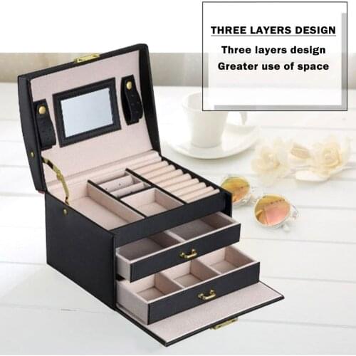 Portable Travel PU Leather Jewelry Storage Box Organizer Earring Necklace Ring Jewellery Case Packaging 3-Layer Leather Casket