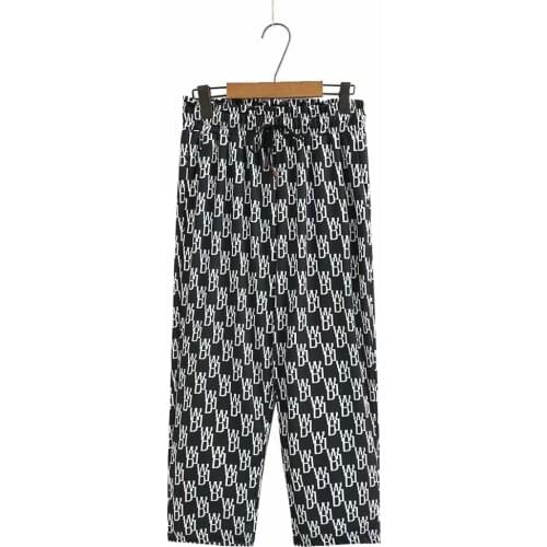 Plus size drawstring knitted print women pants 2021 new spring summer casual high waist ladies straight pants female trousers