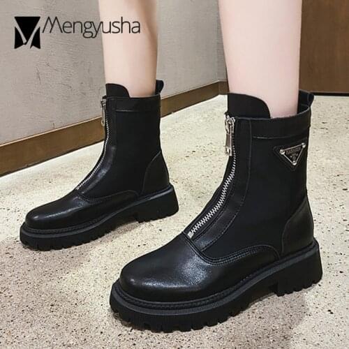 Front Zipper riding boots women metal logo chelsea botas pu leather platform shoes woman british chunky heels mid-calf booties