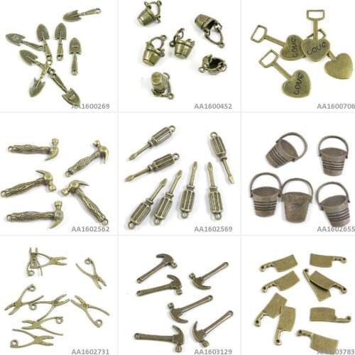 Antique Bronze Tone Jewelry Charms Kitchen Knife Chopper Cleaver Hammer Plier Pliers Bucket Pail Screwdriver Love Shovel Spade