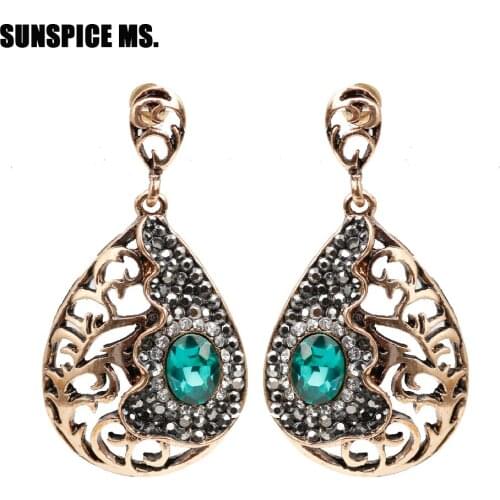 SUNSPICE MS Vintage Turkish Women Long Dangle Earring Hollow Crystal Antique Gold Color Water Drop Ethnic India Bride Jewelry