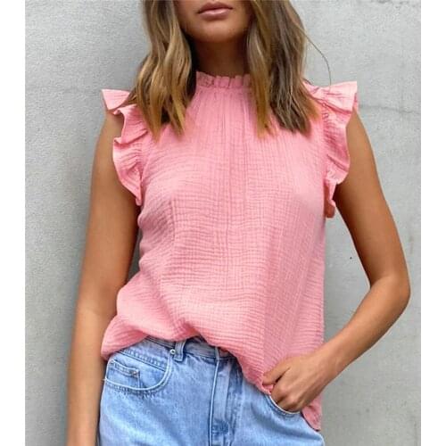 Musuos Women Summer Ruffle Vest Tops 3 Colors Solid Casual Sleeveless Ruched Half High Collar Slim Shirt Blouse Female 2021