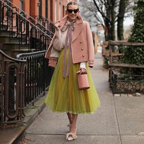 2020 Sunday Style Mid-Calf Tulle Skirt Ruffle Tiered High Waist Womens femme jupes Skirts юбки