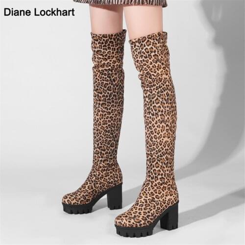 New 2021 Over the Knee Boots Women Faux Suede Thigh High Boots Platform Stretch Slim Leopard Sexy Ladies Winter Boots Size 33-43