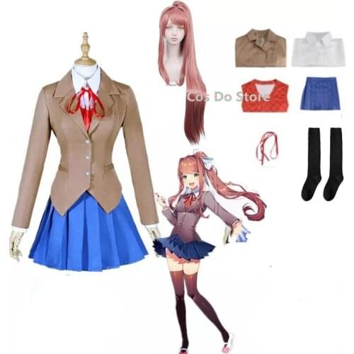 Women Anime Game Doki Literature Club Cosplay Sayori Natsuki Yuri Monika Cosplay Costume School Uniform Skirt With Wig