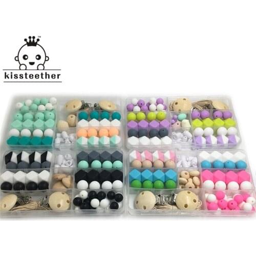 4pc DIY Baby Teether Accessories Geometry Hexagonal Round Silicone Bead Wooden Pacifier Clip Breakaway Safety Clasp For Bracelet