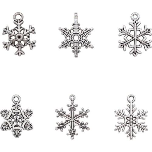 5 Sets(=30pcs) Christmas Snowflake Charms Alloy Tone Vintage Tibetan Style Metal Xmas Pendants Mix for DIY Making