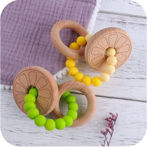 Natural Beech Wooden Teether Baby Teething Toys Nursing Bracelets For Newborn BPA Free Silicone Teether Ring Babies Shower Gifts