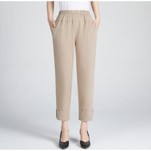 Summer Womens Trousers Solid Color Elastic High Waist Casual Ankle-Length Pants Middle-aged Female Straight Pants